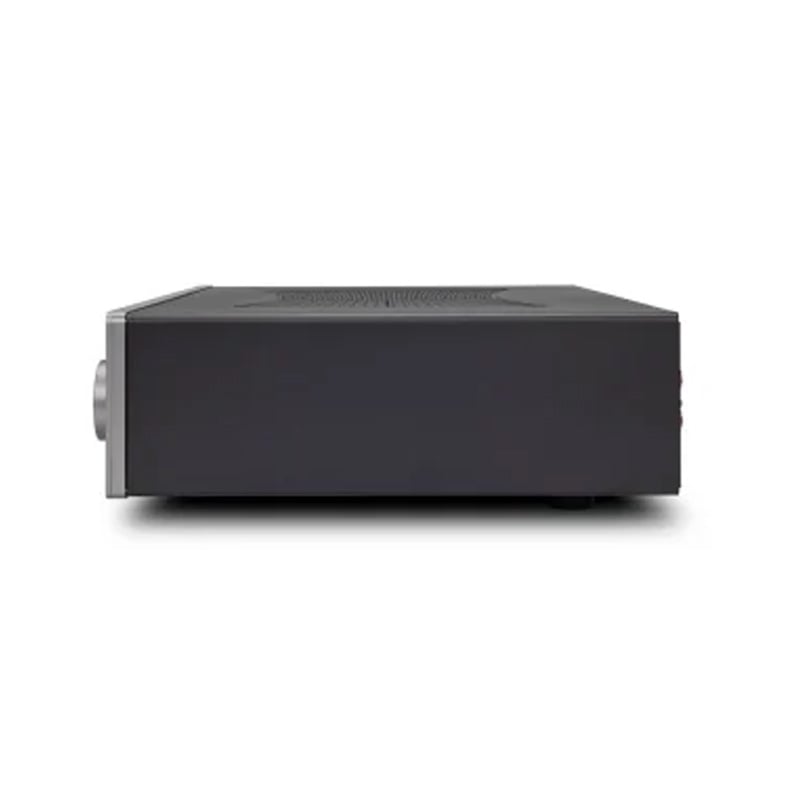 Cambridge Audio Cxa81 Integrated Amplifier Black metal electronics device with a silver circular connector on the left side and vented top.