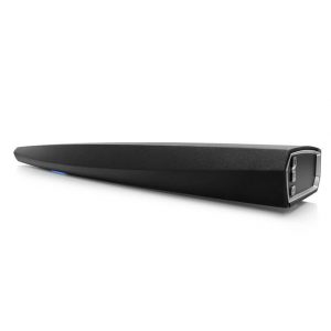 Slim black external hard drive enclosure with blue LED and metal endcap housing USB ports.