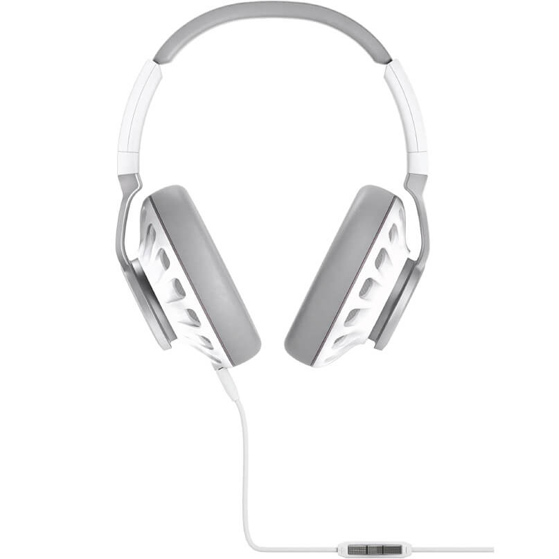 Jbl Synchros S700 Over And On Ear Headphones Over-ear wired headphones with white headband and gray cushions, lattice-pattern ear cups, and inline control along the cord.