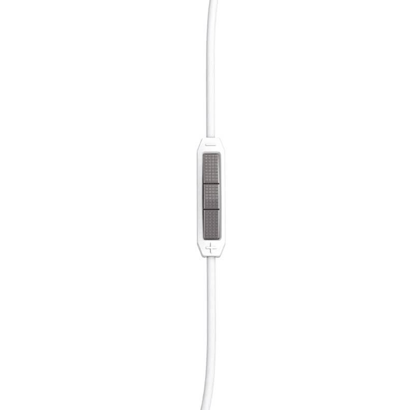 Jbl Synchros S700 Over And On Ear Headphones White wired earphones with inline remote featuring two textured rectangular buttons.