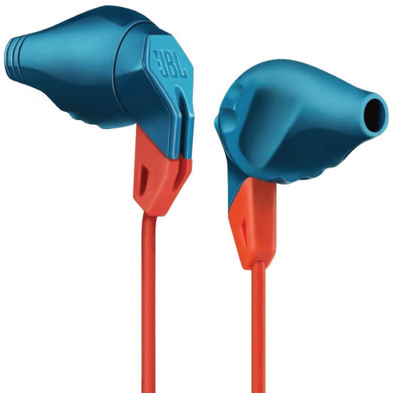 Jbl Grip 100 Action Sport Earphones Jbl blue in-ear headphones with red cables and blue housings bearing the jbl logo.