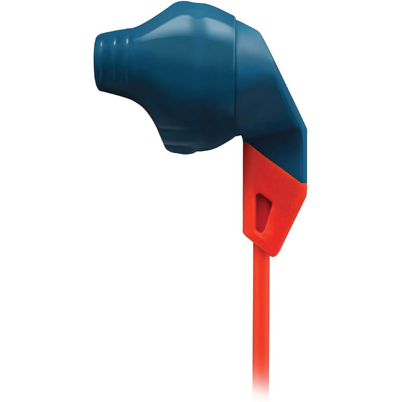 Jbl Grip 100 Action Sport Earphones Blue plastic earbud-style hearing protection device with a red clip and orange cord.