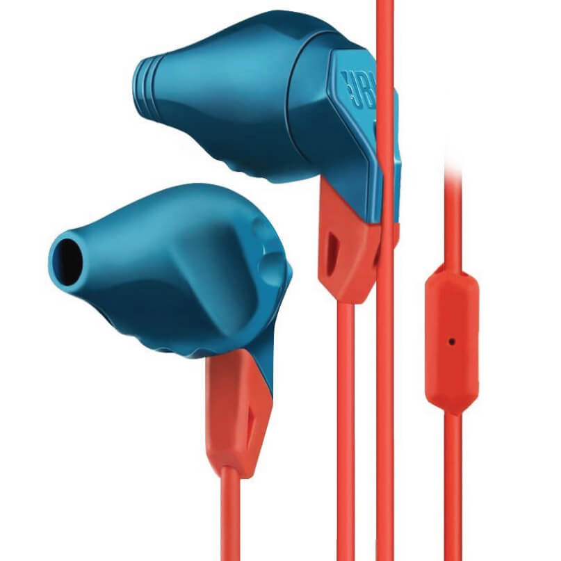 Jbl Grip 100 Action Sport Earphones Jbl in-ear wired headphones with blue housings, red cables, and inline control.