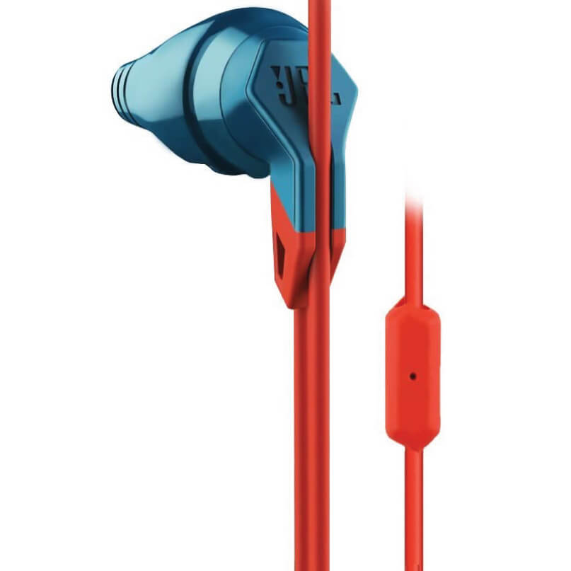 Jbl Grip 100 Action Sport Earphones Blue wired in-ear earbud with red cable and inline control.