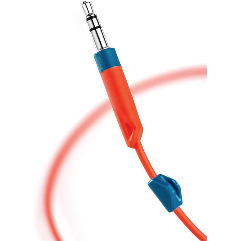 Jbl Grip 100 Action Sport Earphones 3. 5mm stereo audio plug on an orange cable with blue connector sleeve.