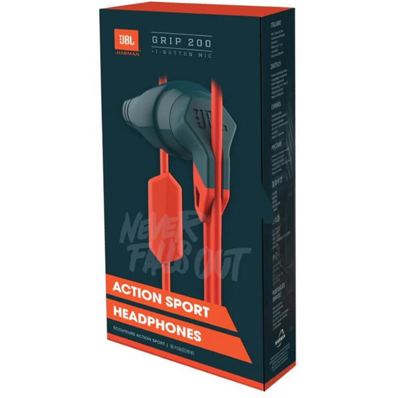 Jbl Grip 100 Action Sport Earphones Jbl grip 200 action sport in-ear headphones with orange cable and teal earbuds, inline microphone visible.