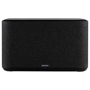 Denon Home 150 wireless speaker with black fabric grille and blue LED indicator.
