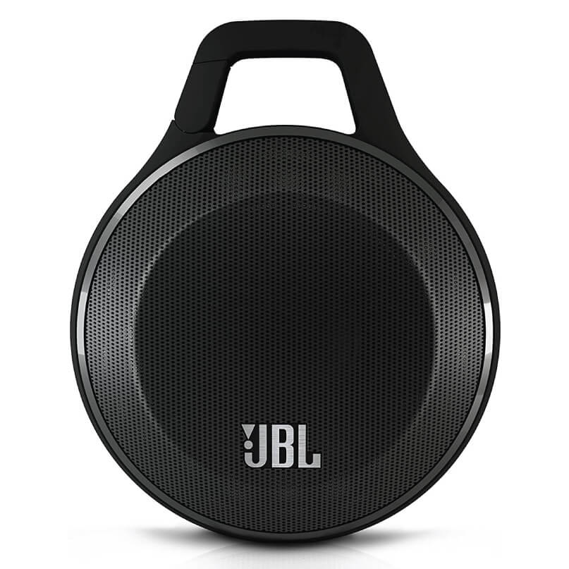 Jbl Clip+ Ipod And Iphone Speaker System Jbl round portable bluetooth speaker with perforated grille, black finish, and integrated top carrying handle.