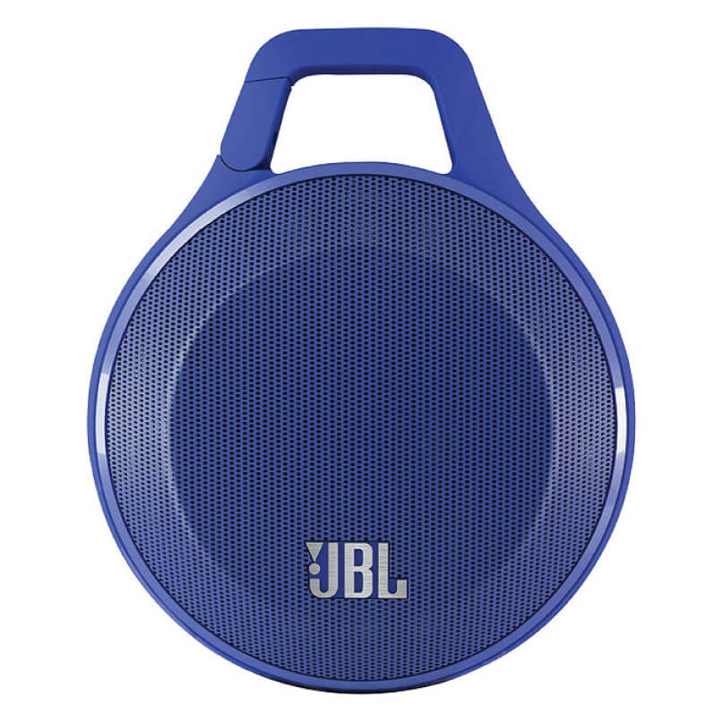 Jbl Clip+ Ipod And Iphone Speaker System Jbl round blue portable bluetooth speaker with integrated top handle.