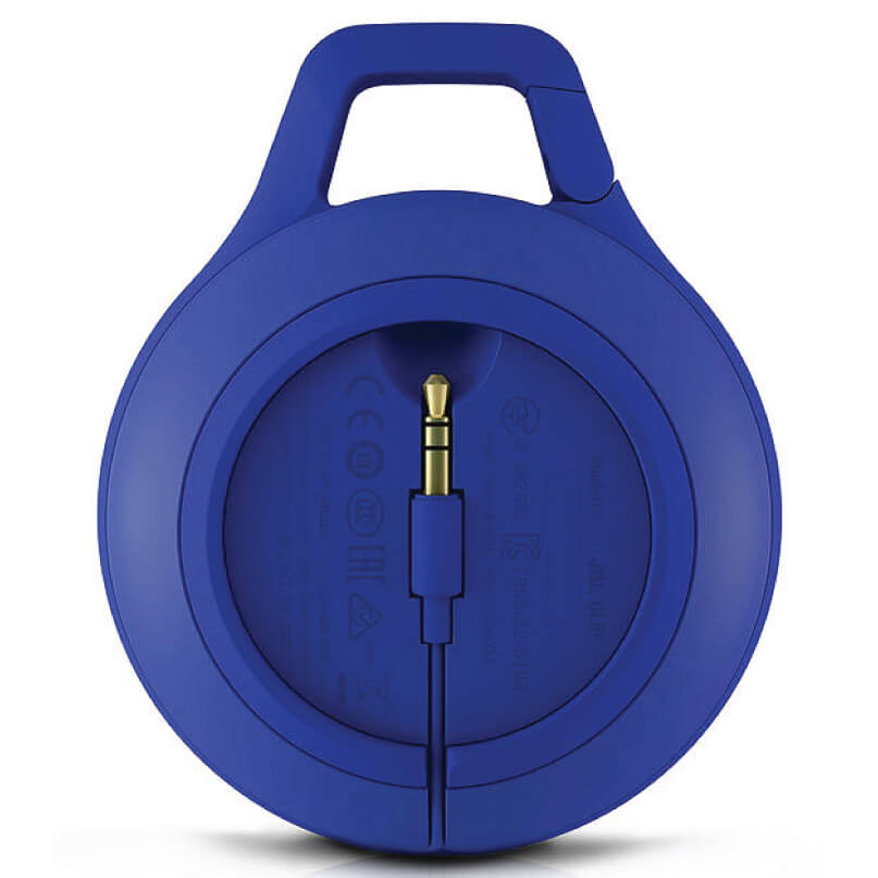 Jbl Clip+ Ipod And Iphone Speaker System Blue over-ear headphones with circular ear cups and a gold 3. 5mm audio plug.