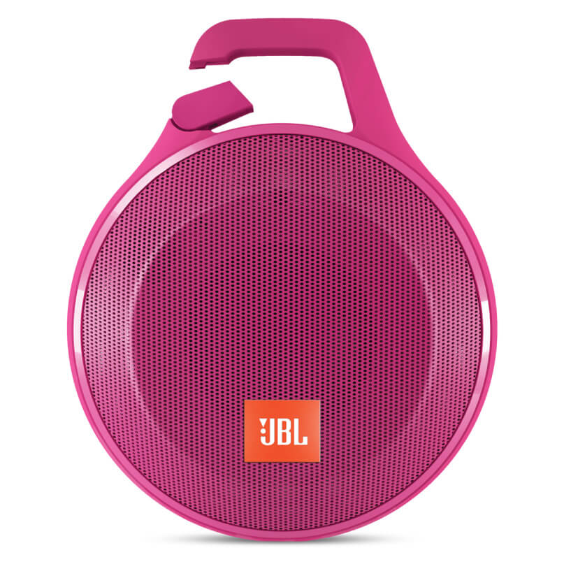 Jbl Clip+ Ipod And Iphone Speaker System Jbl pink circular portable bluetooth speaker with built-in top handle and perforated grille.