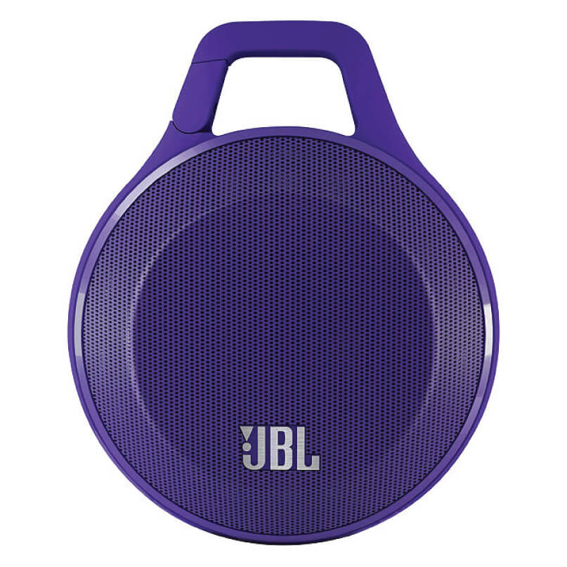 Jbl Clip+ Ipod And Iphone Speaker System Purple jbl round portable bluetooth speaker with an integrated top handle and perforated grille.
