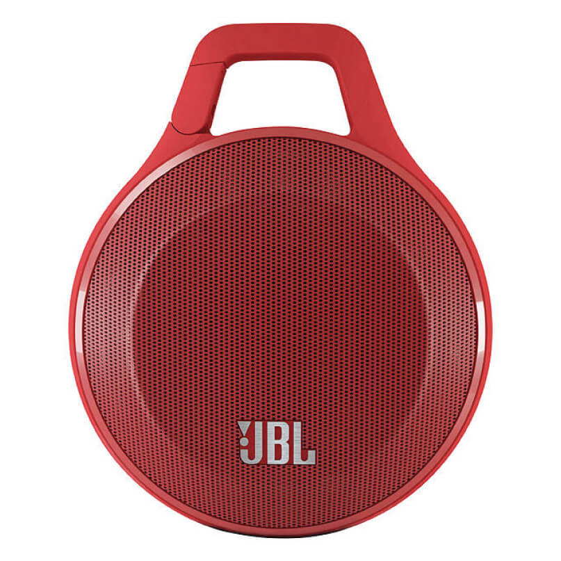 Jbl Clip+ Ipod And Iphone Speaker System Jbl circular portable bluetooth speaker in red with a built-in top handle.