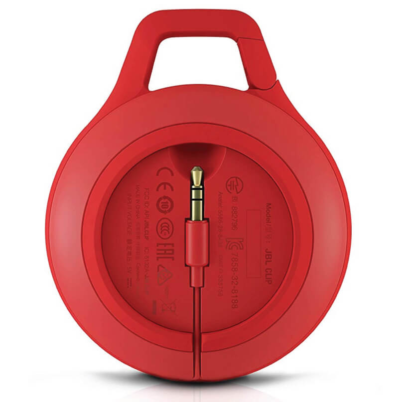 Jbl Clip+ Ipod And Iphone Speaker System Red jbl clip portable bluetooth speaker with circular body, integrated top handle, and 3. 5mm audio jack.
