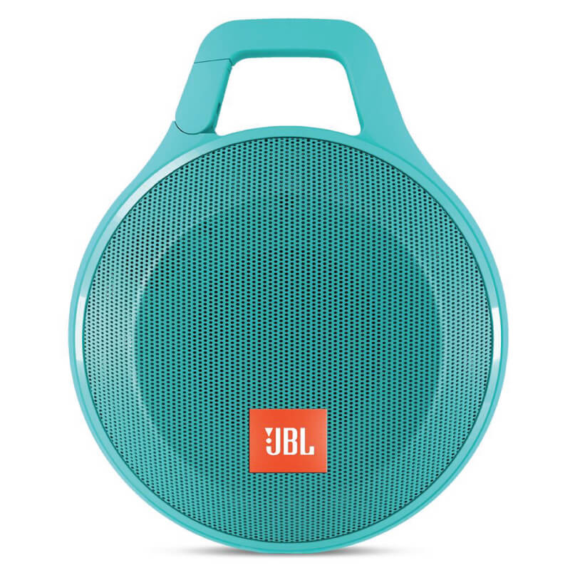 Jbl Clip+ Ipod And Iphone Speaker System Jbl portable bluetooth speaker with a circular turquoise grille, built-in top handle, and orange jbl logo.