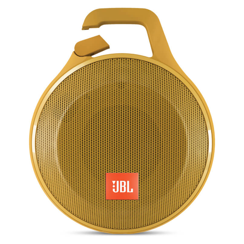Jbl Clip+ Ipod And Iphone Speaker System Gold jbl round portable bluetooth speaker with perforated grille and integrated top handle.