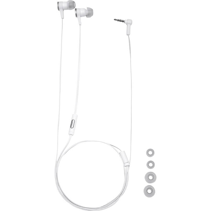 Jbl Synchros E10 In-Ear And Earbud Headphones White wired in-ear headphones with inline microphone and 3. 5mm jack, includes extra silicone ear tips.