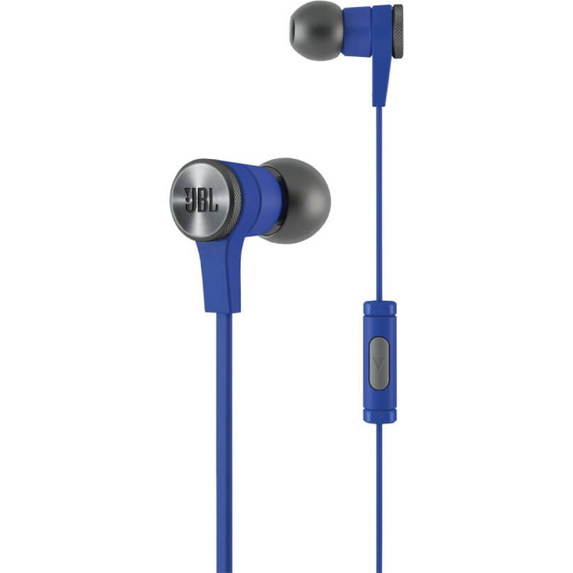 Jbl Synchros E10 In-Ear And Earbud Headphones Blue jbl in-ear headphones with metal jbl logo housing and inline remote on the cable.