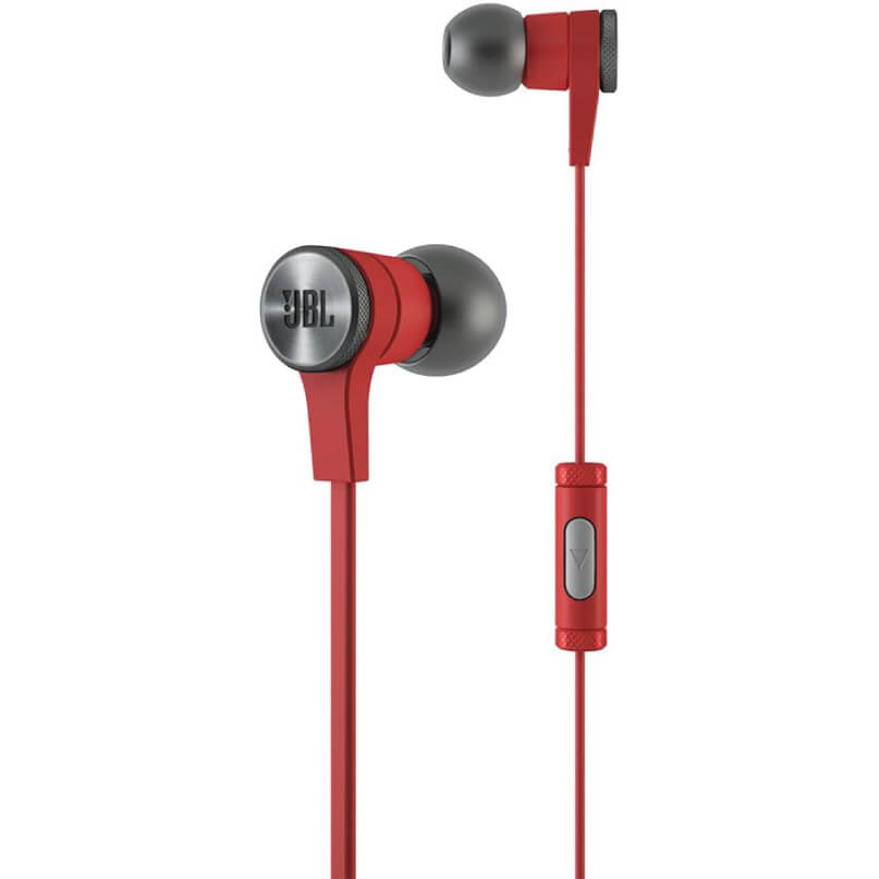 Jbl Synchros E10 In-Ear And Earbud Headphones Jbl red in-ear headphones with metal logo cap, gray silicone tips, and inline remote on a red cable.