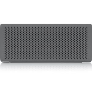 Gray rectangular portable speaker with a perforated front grille and rounded edges.
