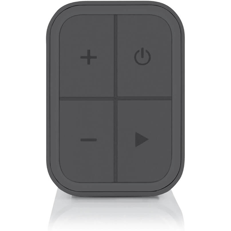Braven 705 Portable Wireless Bluetooth Speaker Rectangular black remote control with four square buttons labeled plus, minus, power, and play.