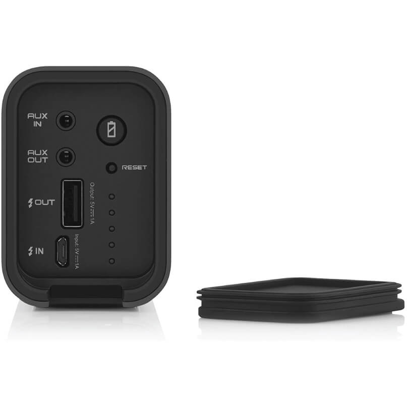 Braven 705 Portable Wireless Bluetooth Speaker Compact black multi-port audio and power adapter featuring aux in/out, usb ports, a reset button, and a detachable protective cover.
