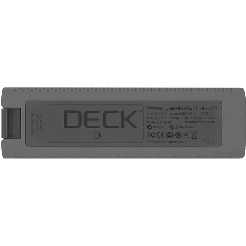 Braven 705 Portable Wireless Bluetooth Speaker Braven deck portable electronic device, gray rectangular unit with large deck logo and dotted vent pattern along edges
