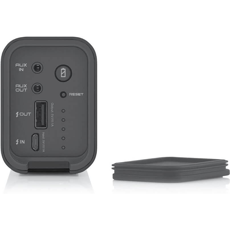 Braven 705 Portable Wireless Bluetooth Speaker Compact black audio interface with aux in, aux out, usb port, sd card slot, and reset button.