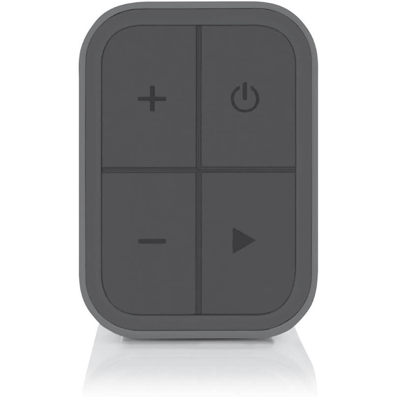 Braven 705 Portable Wireless Bluetooth Speaker Rounded rectangular silicone remote with four buttons: plus, minus, play, and power.