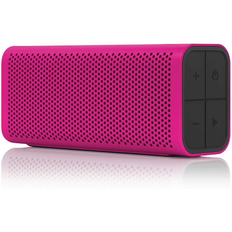 Braven 705 Portable Wireless Bluetooth Speaker Pink portable bluetooth speaker with perforated grille and a black end panel with plus, minus, power, and play buttons.