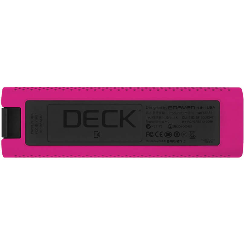 Braven 705 Portable Wireless Bluetooth Speaker Pink braven deck portable device with black deck label on a protective silicone case.