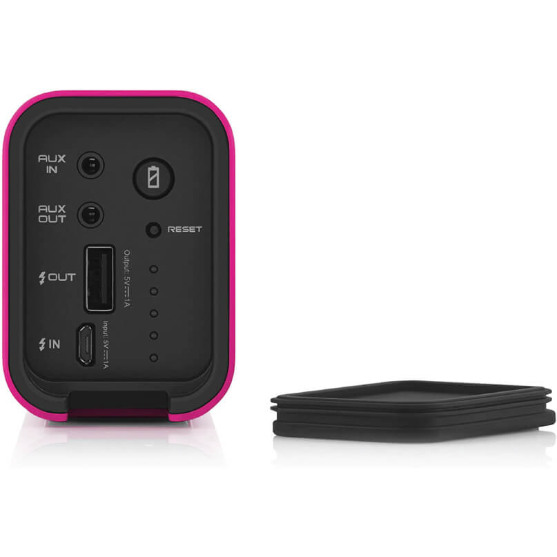 Braven 705 Portable Wireless Bluetooth Speaker Pink-framed portable audio adapter with aux in and aux out, usb charging port, reset button, and led indicators.