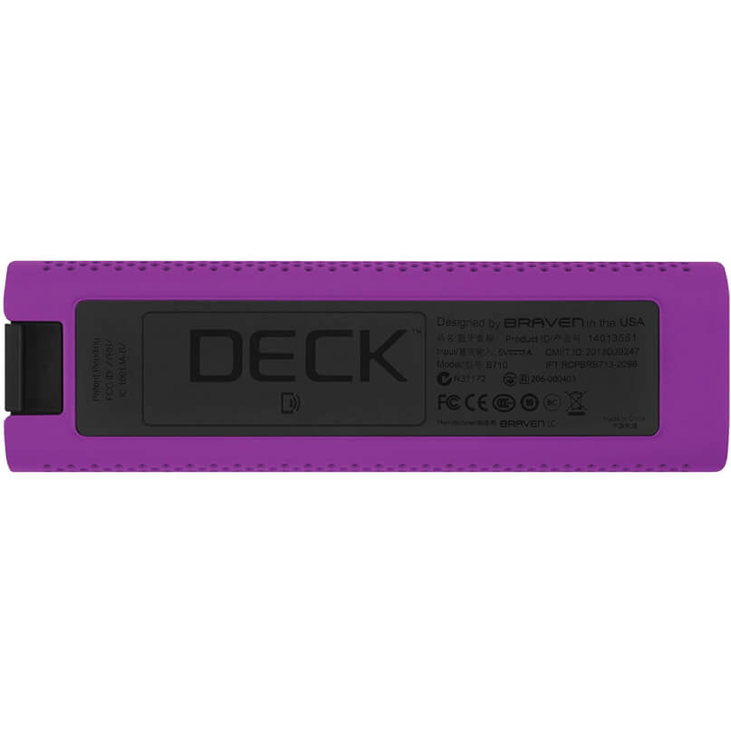 Braven 705 Portable Wireless Bluetooth Speaker Purple braven deck portable bluetooth speaker, rear label panel with large deck branding.