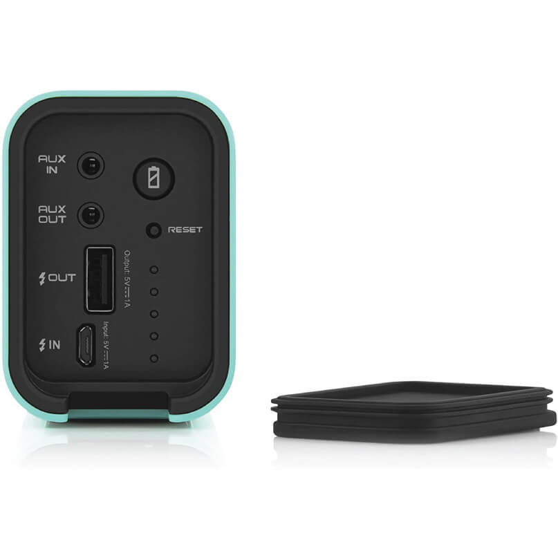 Braven 705 Portable Wireless Bluetooth Speaker Portable audio interface with aux in and aux out ports, usb-c input, reset button, and teal protective case.