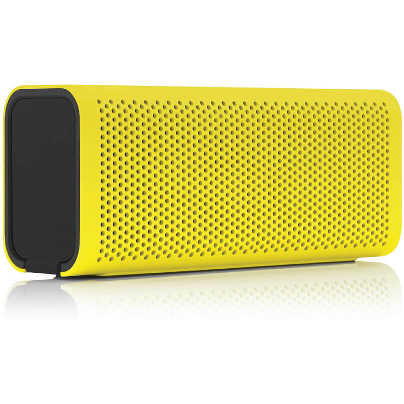 Braven 705 Portable Wireless Bluetooth Speaker Yellow portable bluetooth speaker with perforated grille and black end cap.