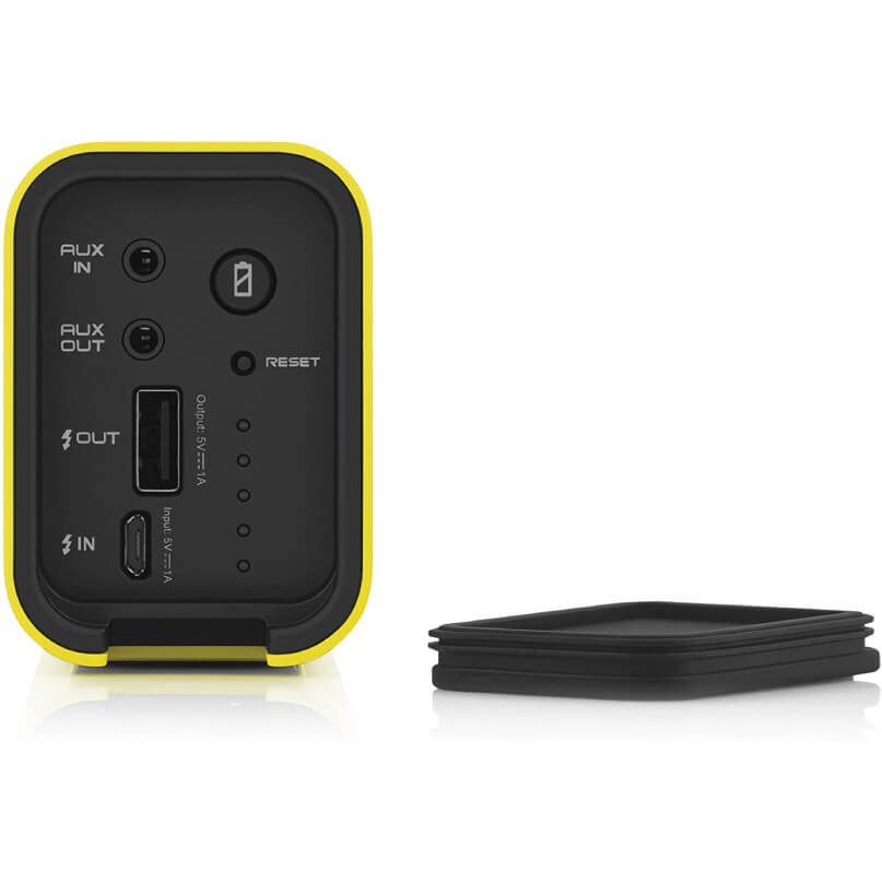 Braven 705 Portable Wireless Bluetooth Speaker Compact rugged black power hub with yellow rim, includes aux in, aux out, usb-c/usb-a ports, reset button, and led indicators.
