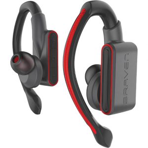 Braven wireless neckband headphones with red trim and inline control panel, grey in-ear earbuds.