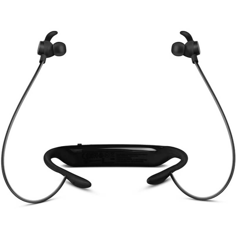 Jbl Reflect Response Wireless Touch Control Sport Headphones Black wireless neckband earphones with two in-ear buds and a curved neckband.