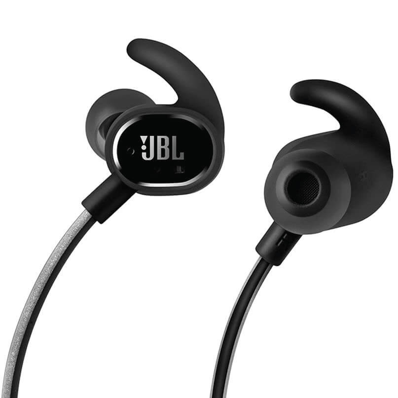 Jbl Reflect Response Wireless Touch Control Sport Headphones Jbl wired in-ear headphones with black silicone tips and curved ear-hook design.