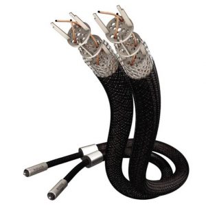 Inakustik speaker cables with braided black sheath and silver termination ends.