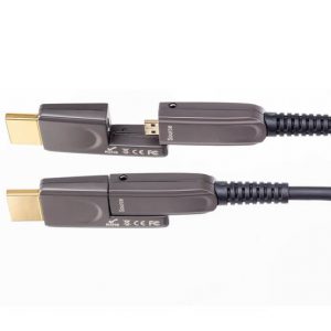 Gray HDMI cable with gold-plated connectors and molded housings, two-ended, with safety markings.
