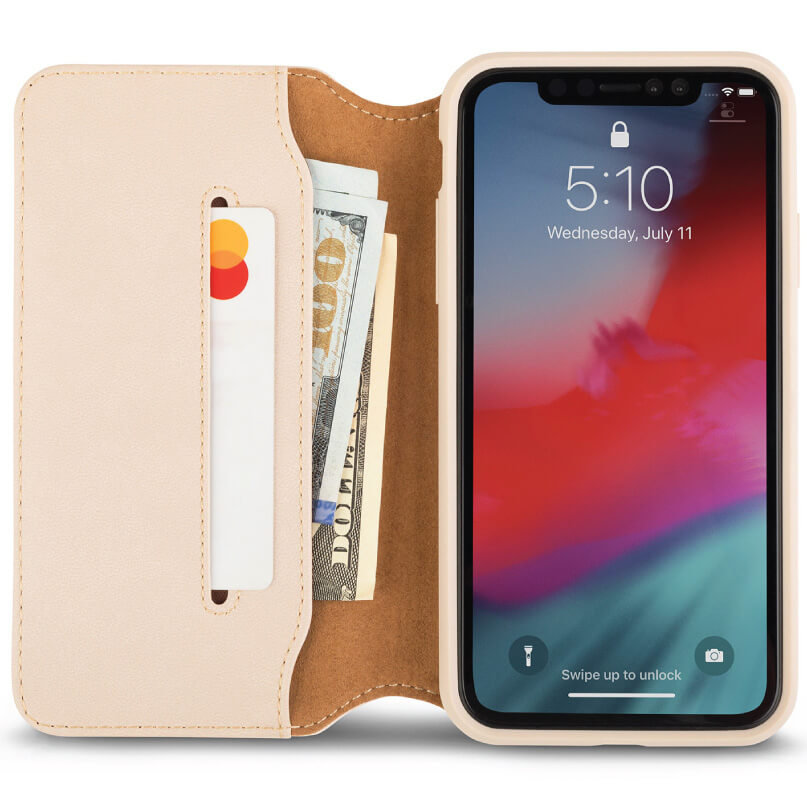 Moshi Overture For Iphone Xr Beige leather wallet-style phone case for apple iphone with card slots and cash pocket.