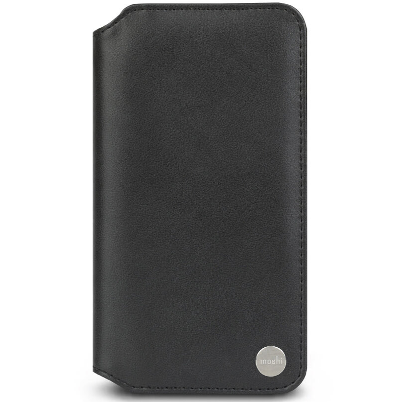 Moshi Overture For Iphone Xr Moshi black leather wallet-style phone case with a round silver logo plaque at the bottom corner.