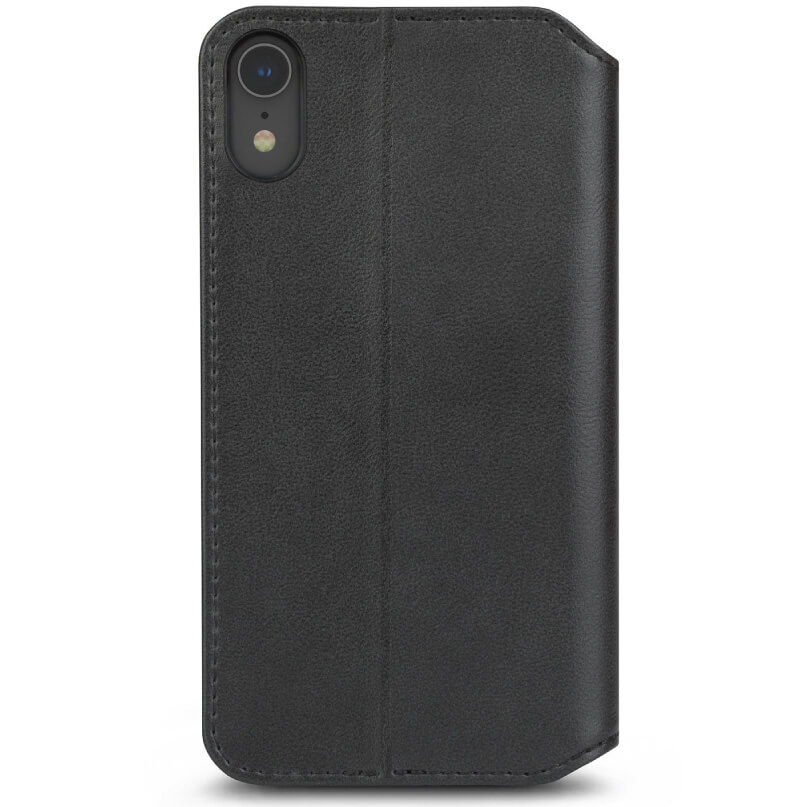 Moshi Overture For Iphone Xr Black leather wallet-style phone case with stitched edges and a top-left camera cutout.