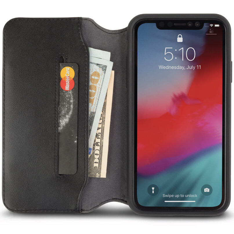 Moshi Overture For Iphone Xr Black leather folio wallet case for iphone with a card slot containing a mastercard and folded cash.