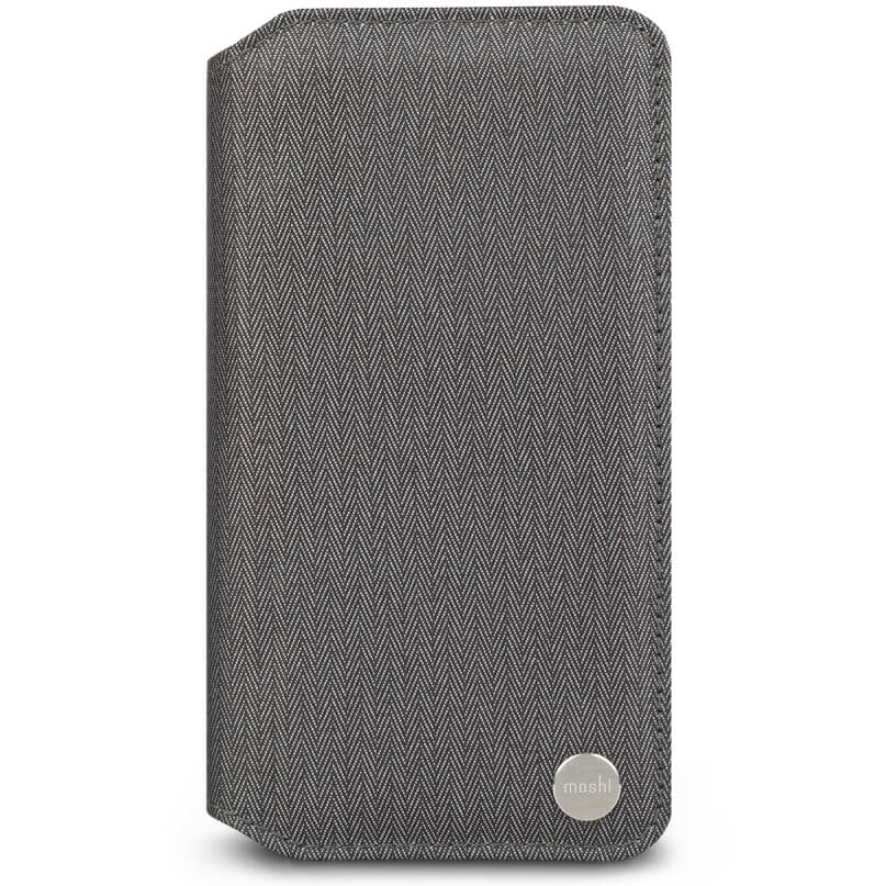 Moshi Overture For Iphone Xr Moshi fabric folio smartphone case with gray herringbone pattern and round moshi logo badge.