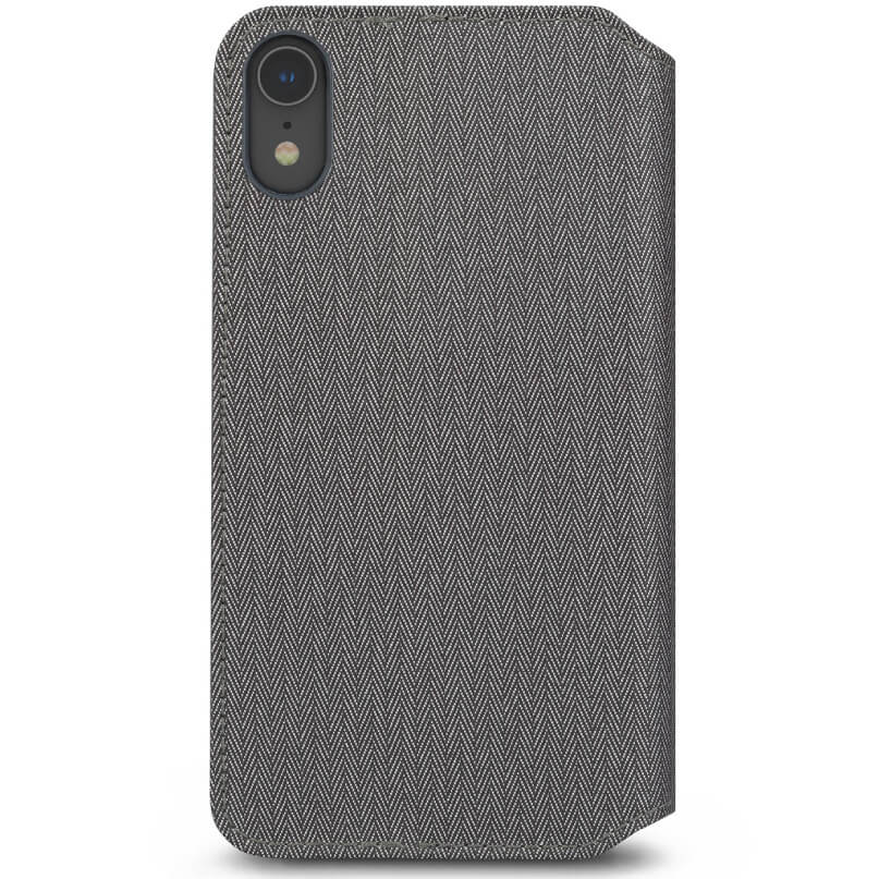 Moshi Overture For Iphone Xr Grey herringbone fabric iphone case with top-left camera cutout.