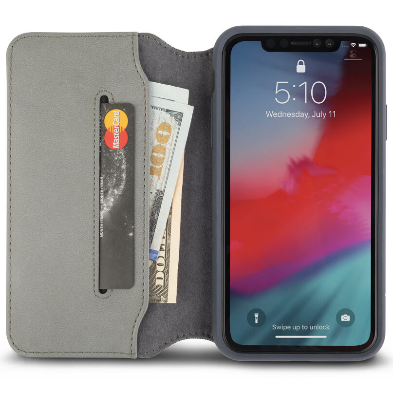 Moshi Overture For Iphone Xr Gray protective wallet-style phone case for iphone with card slot displaying a mastercard and cash.