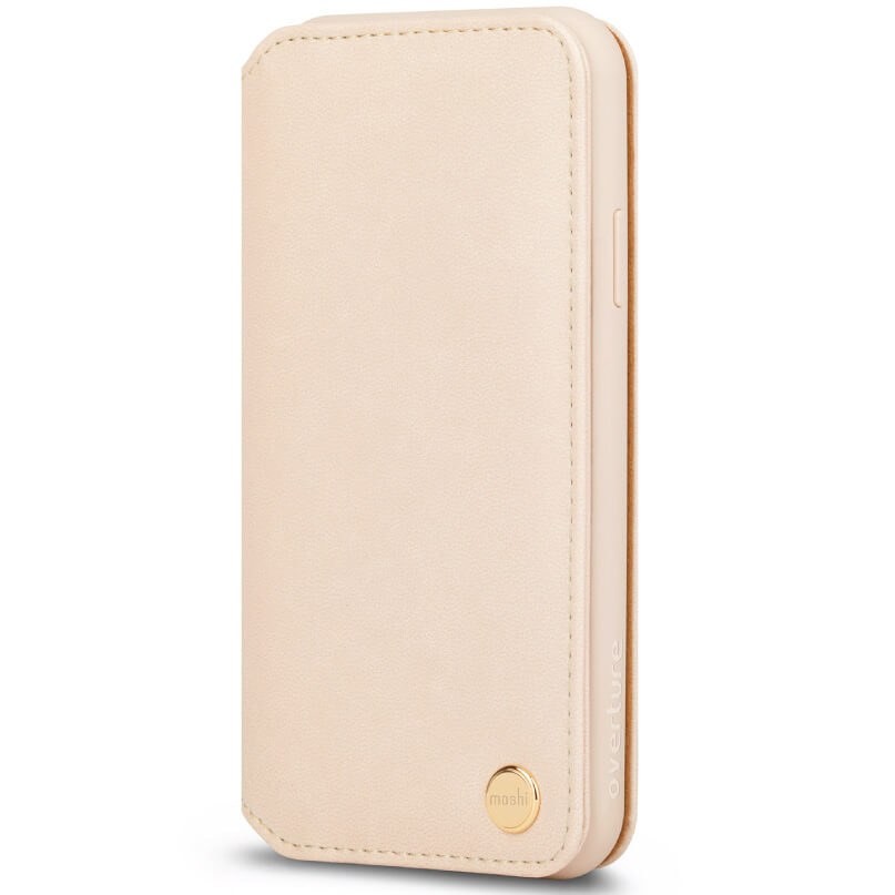 Moshi Overture For Iphone Xr Moshi beige leather flip phone case with stitched edges and gold circular logo badge