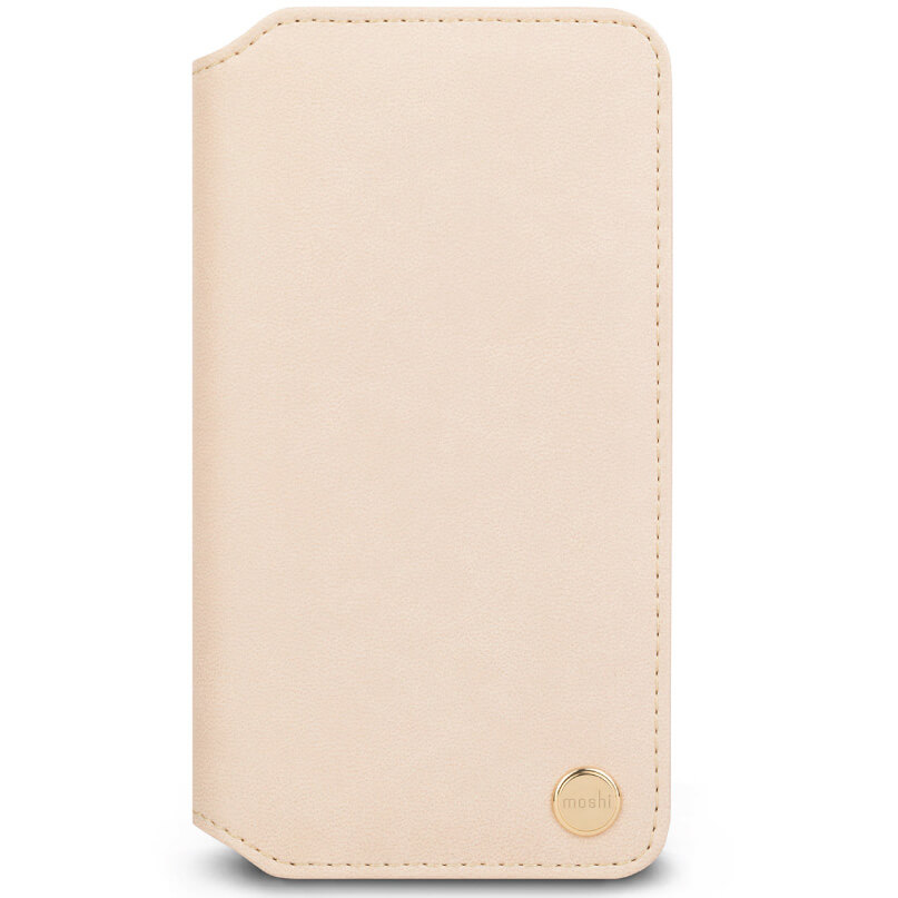Moshi Overture For Iphone Xr Beige leather moshi wallet-style phone case with stitched edges and a gold circular logo badge.
